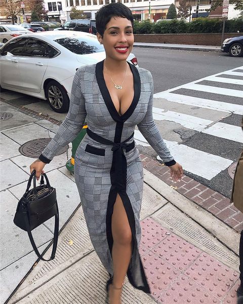 

Womens Spring Designer V Neck Dresses Gary Plaid Print Split Fashion Clothing Casual Summer Sexy Night Club Style Apparel