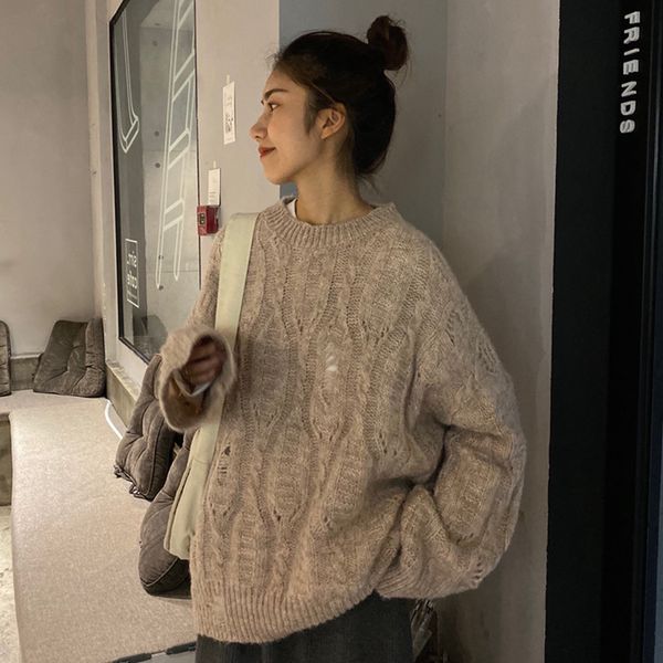 

women's solid color round neck twist long-sleeved sweater student autumn winter new korean retro hollow hole knit sweater ml142, White;black