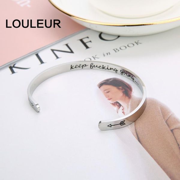

louleur 6mm width keep buck going on stainless steel bangle lettering jewelry fashion punk men jewelry bracelet lettering carved, Black