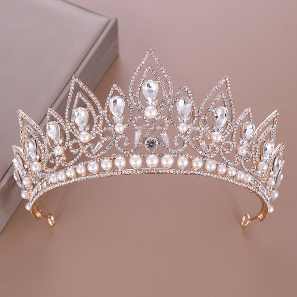

forseven bride headpiece water drop shape women tiaras crown crystal pearl hair jewelry wedding bridal hair accesories jl, Golden;white