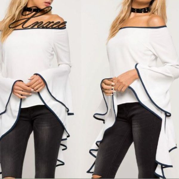 

women's summer long sleeve shirt loose casual blouse shirt flare sleeve lady women off shoulder blouses, White