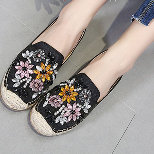 

bling luxury crystal flat heel mules glitter mixed colors flowers loafers knitted fisherman lazy shoes cozy platform flats lts, Black