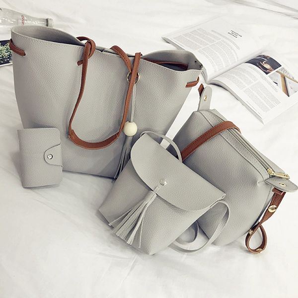 

fashion four-piece zipper vintage pu leather tassel women shoulder bag solid color shoulder bag messenger shopping handbag