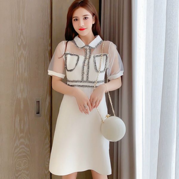 

elnage summer vestidos 2020 korean robe slim waist small fragrance style fashion mesh stitching short sleeve knitted dress 5a620, Black;gray