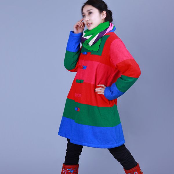 

chuan shuo zhi yi new style winter national wind women's dress large size loose-fit patchwork coat winter coat wome, Blue;black