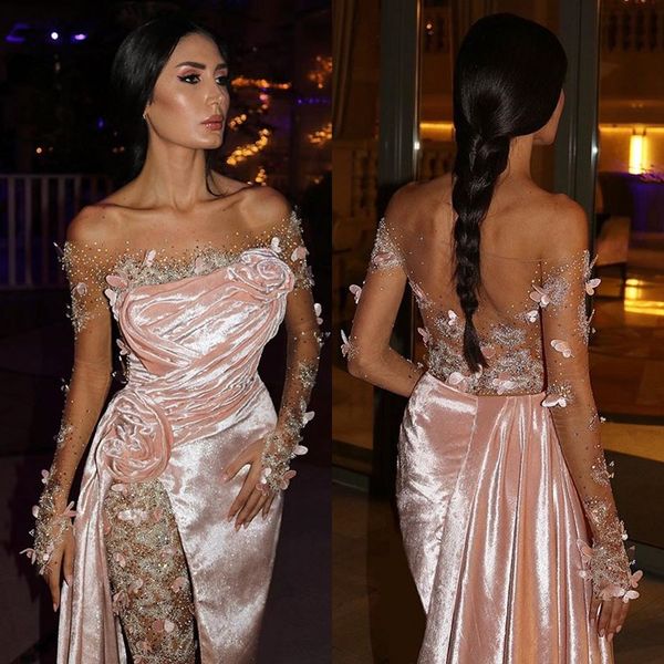 

jumpsuit prom dresses off shoulder long sleeve appliques ruched chiffon party gowns sweep train special occasion dresses, Black