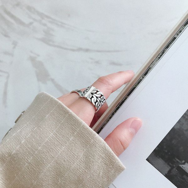 

louleur 925 sterling silver wide face double layer chain rings silver vintage industrial wind open rings for women jewelry gift, Golden;silver