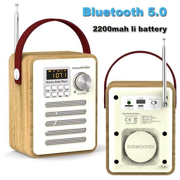 

digital fm radio multi-functional mp3 player wooden clock radio handle portable retro bluetooth speaker support u disk tf card