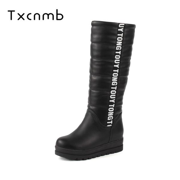 

txcnmb 2018 new warm snow boots soft pu leather thick fur winter boots ladies footwear platform high mid calf plus size 11, Black