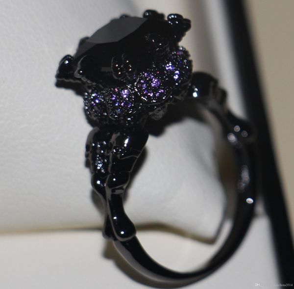 

size 5-11 retro new women fashion jewelry 10kt black gold filled amethyst simulated diamond sapphire wedding women band skull ring gift, Silver