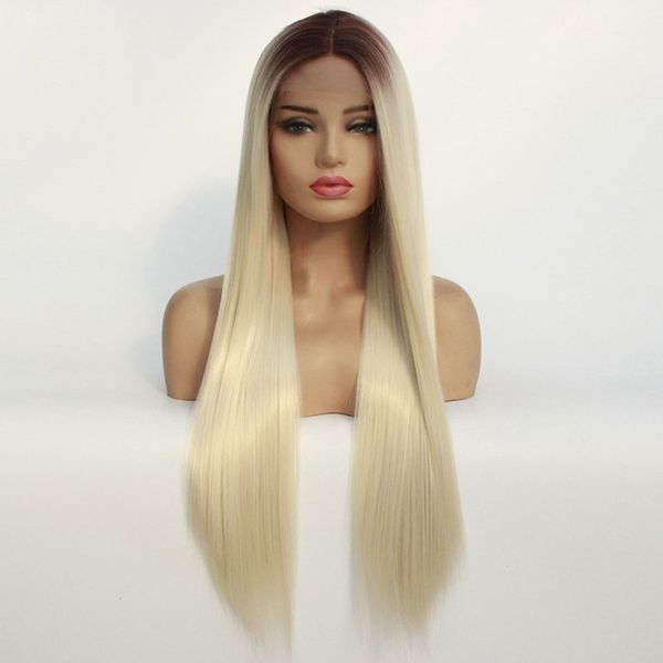 

brown to blonde ombre silky straight synthetic lace front wigs dark roots middle parting glueless heat resistant fiber hair, Black