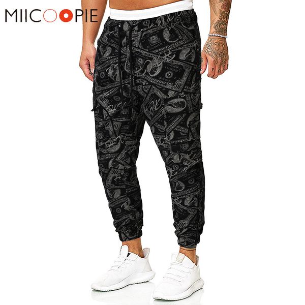 

us dollar paper money printed harem pants men fashion multi pocket beam foot sweatpants joggers fitness hip hop trousers men xxl, Black