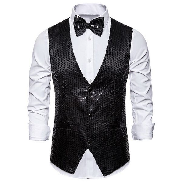 

vertvie new fashion spring autumn vest men slim fit waistcoat casual stylish classic vest male sequins perform stage homme gilet, Black;white