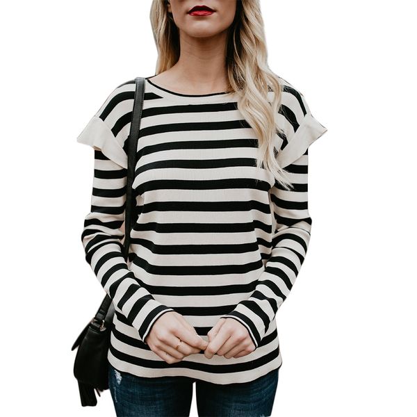 

women round neck striped t shirt black and white stripe long sleeves casual