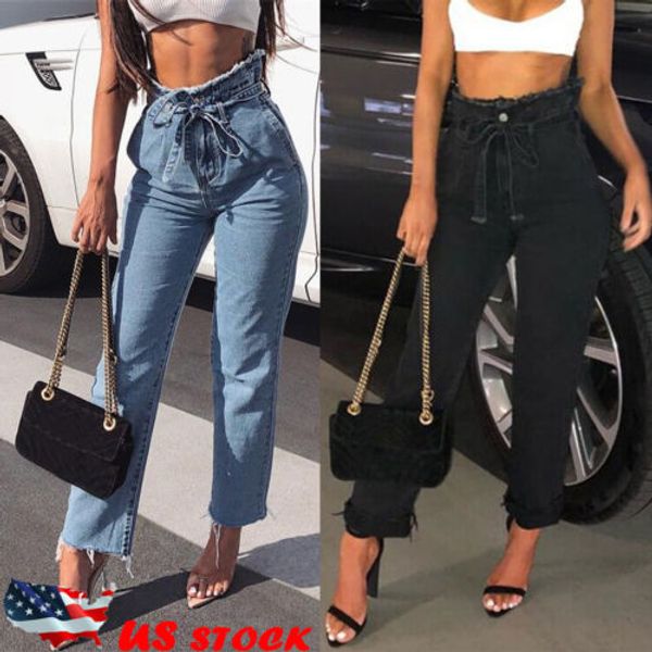 

2019 fashion high waist denim women blue black jeans drawstring elastic waist stretch denim pencil trousers plus size l-3xl