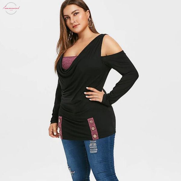 

tshirt women two tone button open shoulder plus size long sleeve t shirt poleras camiseta mujer harajuku polyester women t, White