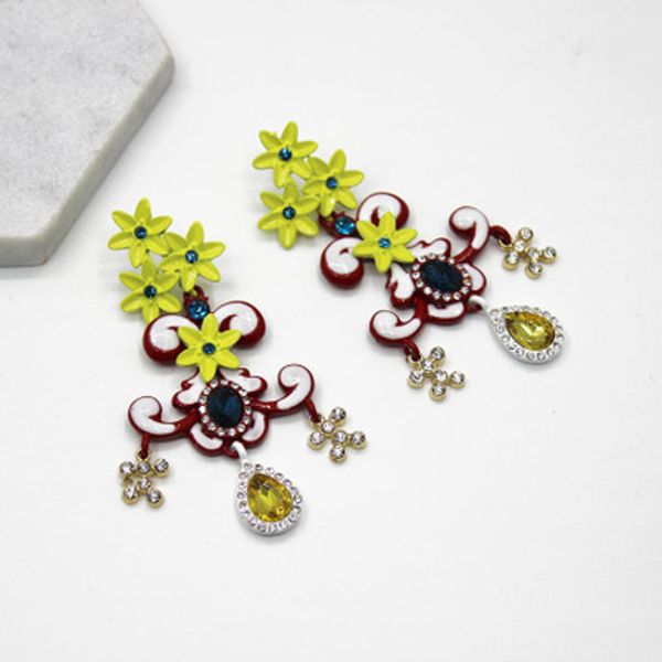 

yellow color crystal flower shape zircon water drop crystal pendant drop earrings for women bridal wedding jewelry boho rhinesto, Golden;white