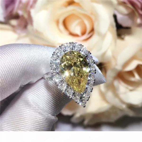 

wholesale classic 925 sterling silver cz diamond big teardrop yellow crystal ring wedding party jewelry for women, Golden;silver