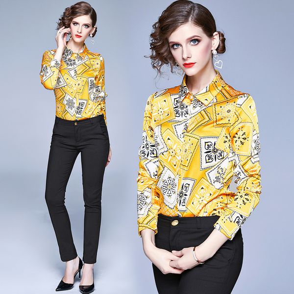 

luxury runway printed shirts plus size women's elegant long sleeve lapel neck ladies button blouses classic slim office designer shirt, White