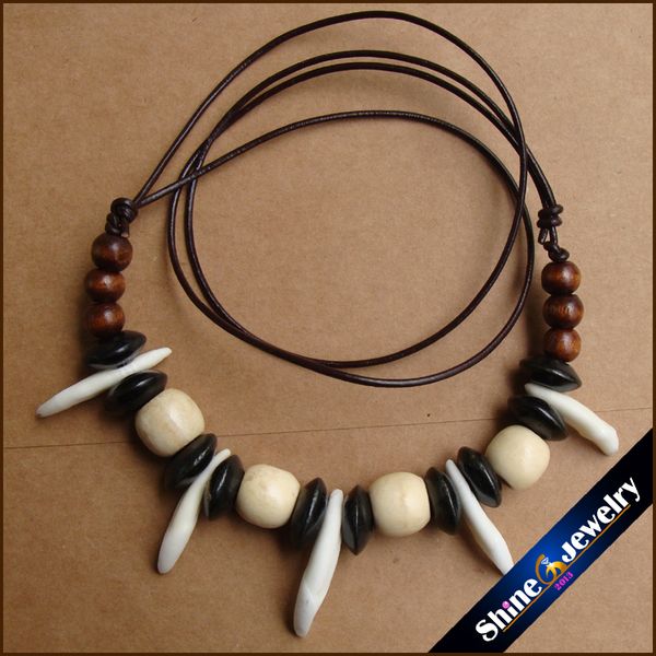 

wholesale tibetan tribal jewelry natural wolf teeth wood beads leather necklace -g103, Silver