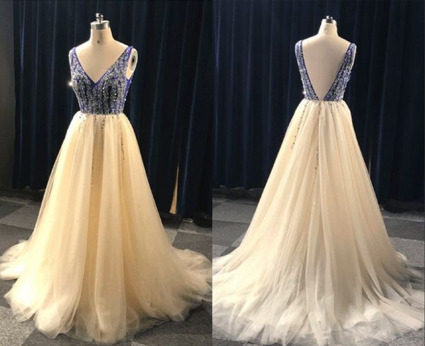 

amazing backless nude prom dress v neck royal blue satin inner bling crystal rhinestones tulle long evening formal gowns cheap, Black