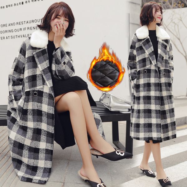 

the new winter 2018 ladies fashion knee-high long woollen coat lapels thickening quilted tweed coat, Black