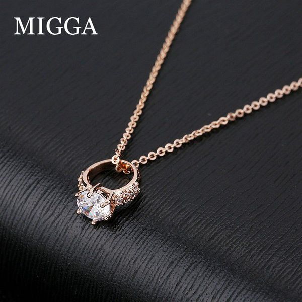 

migga shining cubic zircon paved round pendant necklace rose gold color women clavicle chain jewelry, Silver