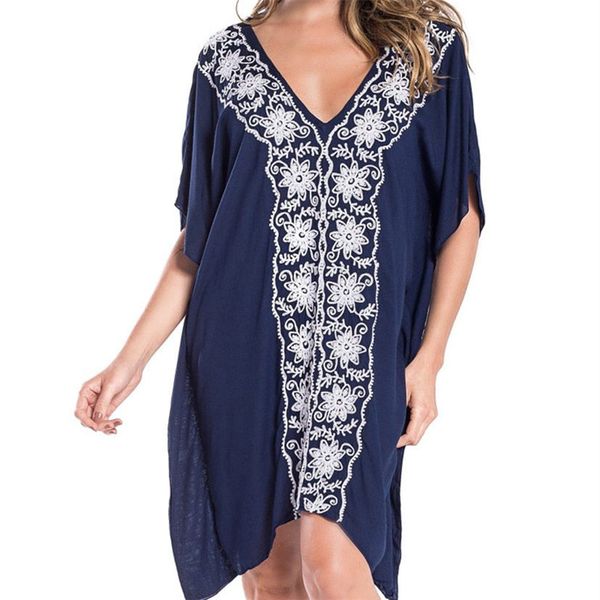

embroidery cotton beach caftan tunic beach cover up saida de praia swimsuit women bikini cover up pareo sarong beachwear, Blue;gray