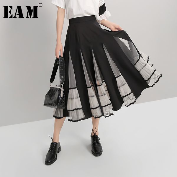 

eam] mesh spliced pleated perspective loose high waist half-body skirt black women fashion tide new spring autumn 2020 1a184, Black;gray