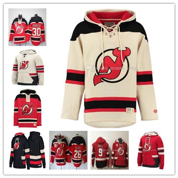 

customized men new jersey devils hoodie 13 nico hischier 9 taylor hall 35 cory schneider 30 martin brodeur 6 andy greene stitched sweatshirt, Black;red