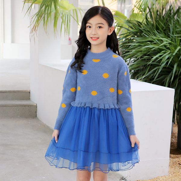 

girls knit dresses 3-13 years old dot mesh princess dress casual children's clothing long sleeve autumn winter kids clothes, Red;yellow