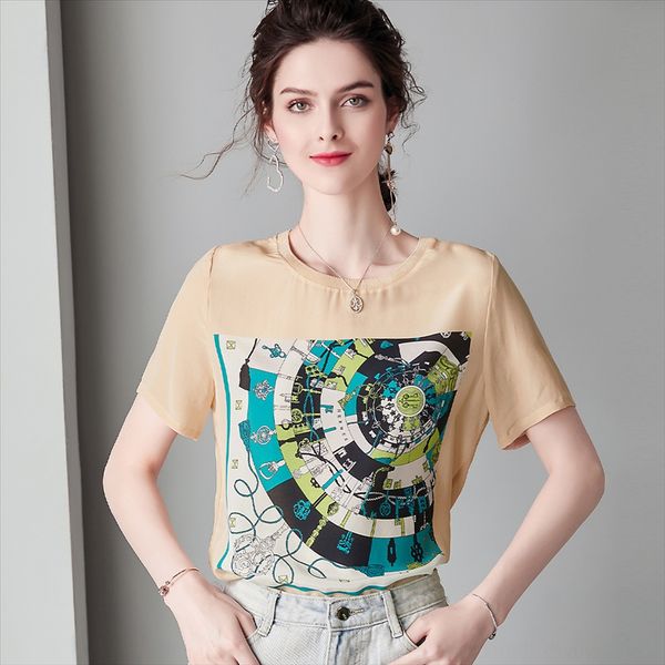 

915007 crepe de chine silk t- headdress short-sleeved temperament shirt mulberry silk pattern round neck all-match small shirt female, White
