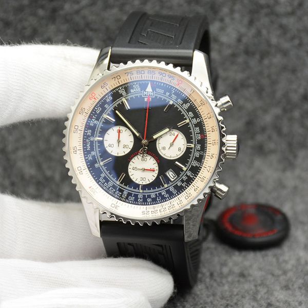 

navitimer chronograph quartz 44mm mens watches fluted case black dial outdoor man wristwatches with luminous hands, Slivery;brown