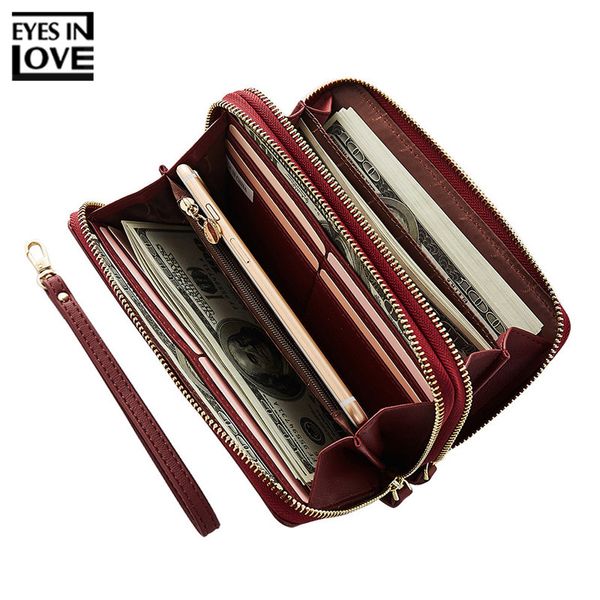 

eyes in love double zipper wristband long clutch wallets for women large capacity card holder purse phone pocket wallet female, Red;black