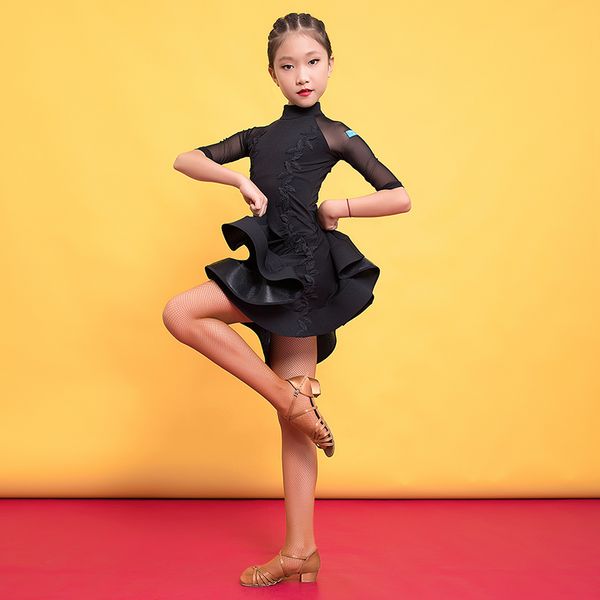 

dancing dresses for kids salsa tango tutu skirts children latin dance dress for girls short sleeve vestidos dance costumes, Black;red
