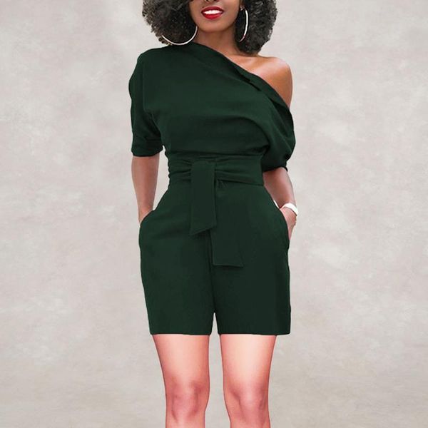 

fashion women solid color belt off shoulder short-sleeved short jumpsuit sports jumpsuit summer casual ruffle short romper #1223, Black;white