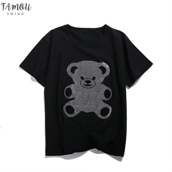 

summer 2020 new korean of the short sleeved t shirt female loose fashion with rhinestones tee cotton plus size tide, White