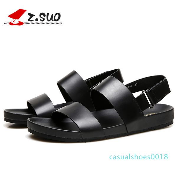 

z.suo 2018 summer new hook&loop classic men sandals plus size genuine leather pure black sandals outdoor beach sandalias hombre c18