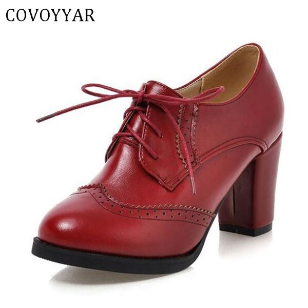 

covoyyar 2019 vintage lace up women pumps cut out oxford shoes chunky heel patent leather high heels lady ankle boots whh132 y200702, Black