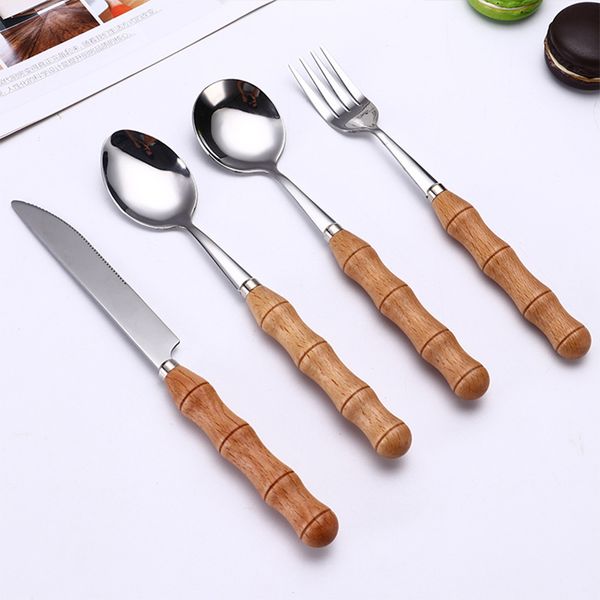 

high-quality high-end stainless steel tableware knife fork and spoon creative bamboo wood handle tableware set kitchen supplies