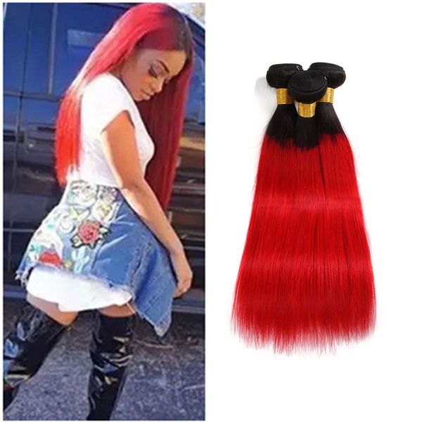 

brazilian virgin hair extensions straight 3 bundles 1b/red ombre hair three pieces/lot 1b/red two tones color 3pcs, Black