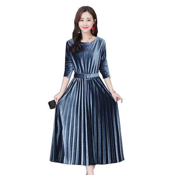 

women 2019 spring autumn elegant gold velvet a-line dress female high waist pleated dress ladies solid long sleeve vestidos v721, Black;gray