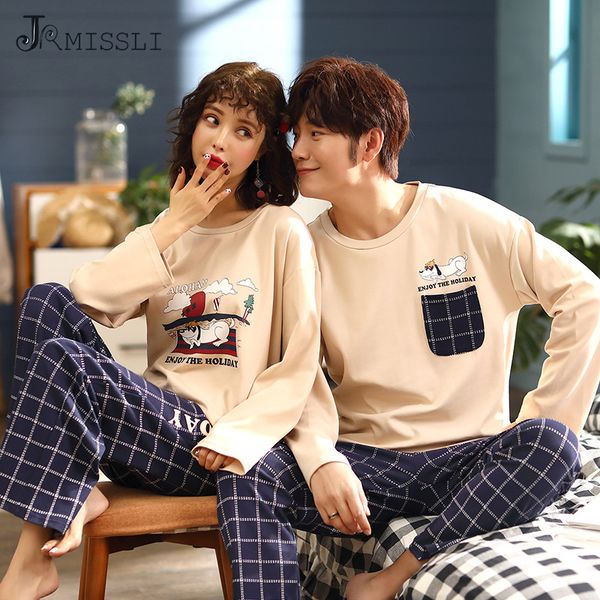 

jrmissli new spring 100% cotton couple pajamas set cute cartoon o-neck long sleeve pyjama winter pajama for men and women, Blue;gray