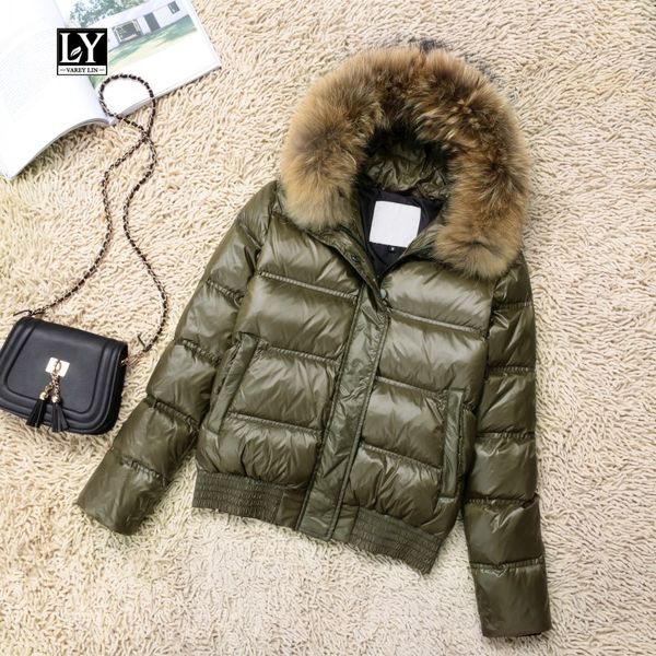 

ly varey lin winter jacket women hooded real raccoon fur slim white duck down parkas female short jacket snow thick overcoat, Black