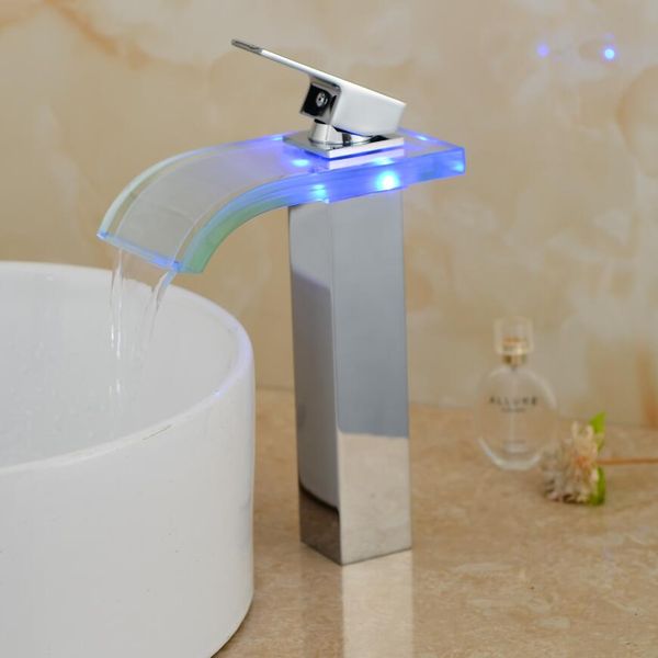 

glass waterfall basin faucet led color changing bathroom mixer tap chrome finish brass waterfall deck mounted wash sink taps