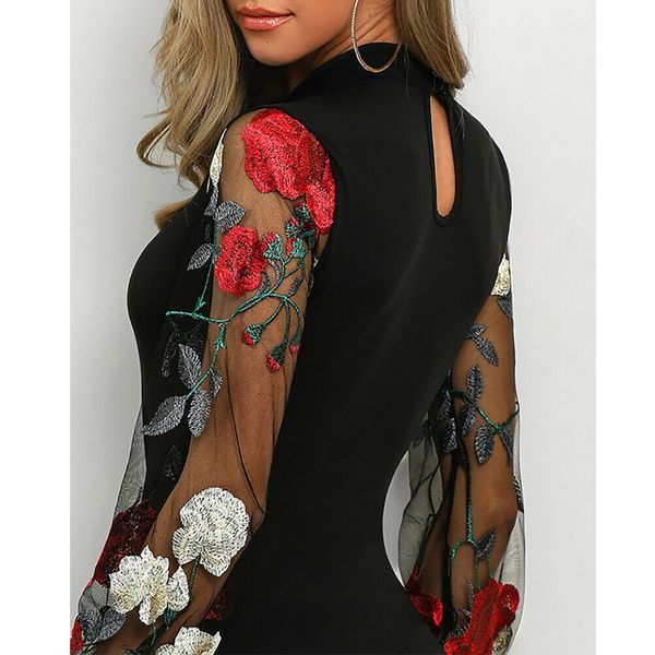 

мода женщины офисная одежда платье bodycon повседневная дамы boho цветочные с длинным рукавом кружева сетки сексуальный карандаш платье, Black;gray