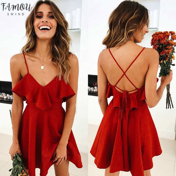 

лето сексуальное платье женщин в 2020 backless cross кулиской оборками bundle талией v-образный вырез ремень мини платье лето красный белый, Black;gray