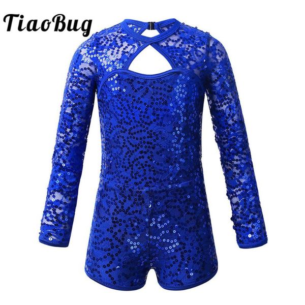 

tiaobug kids long sleeves shiny sequins gymnastics unitards jumpsuit girls ballet leotard stage performance jazz dance costume, Black;red
