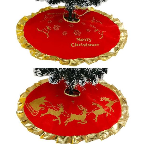 

90cm red christmas elk tree skirt carpet golden ruffle edge tree cover aprons for xmas new year festival party decoration