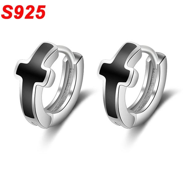 

punk 925 sterling silver cross hoop earrings boys simple tiny small round circle loops hiphop black enamel jewelery se024, Golden;silver